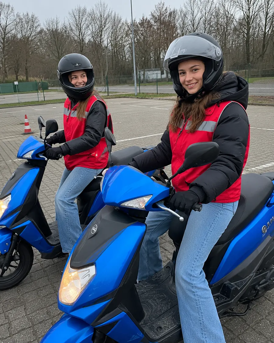 Geslaagde leerling steekt zijn duim op bij de scooter