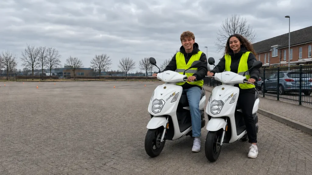 Twee leerlingen op witte lesscooters op het oefenterrein